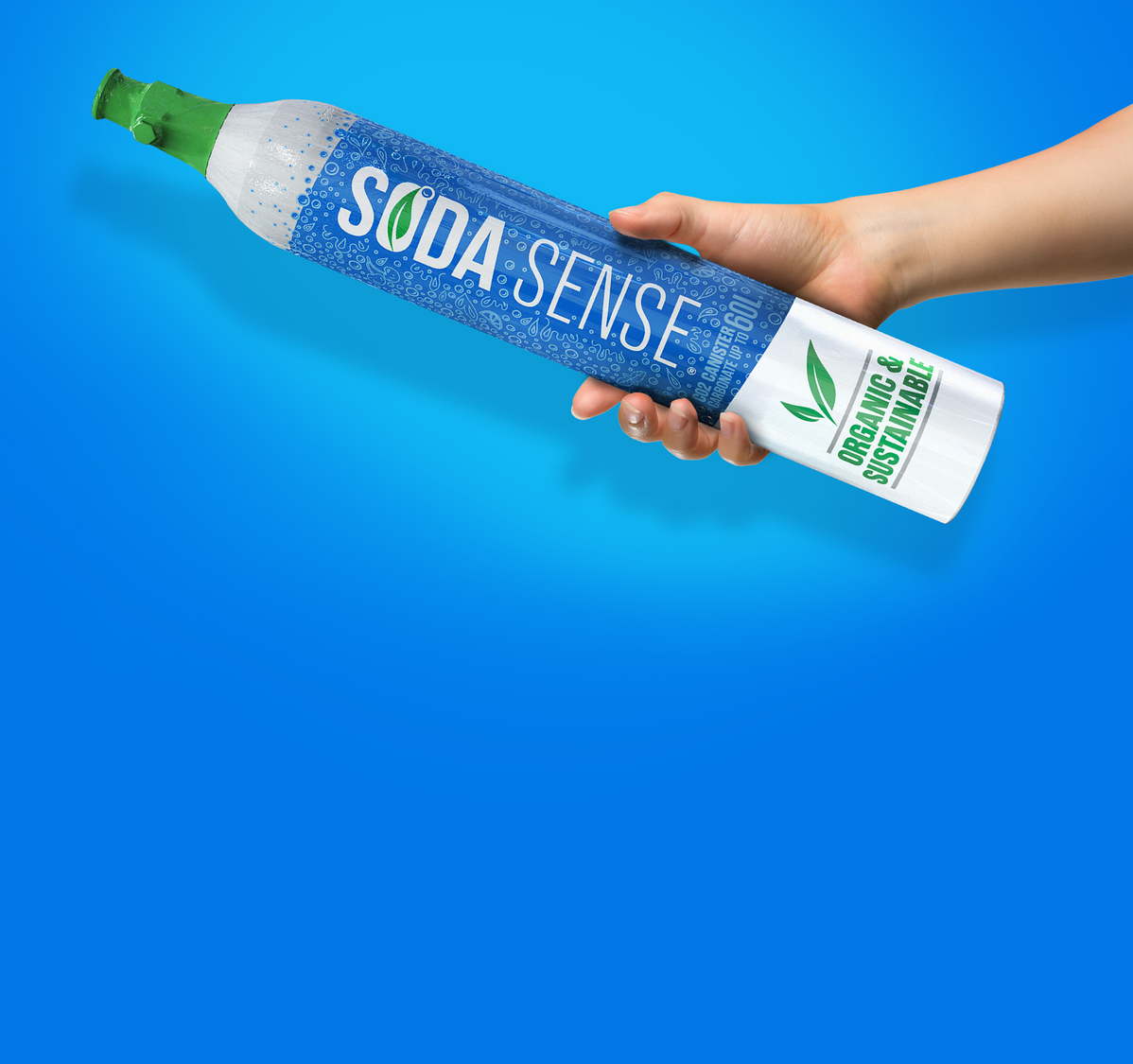 Two people exchanging Soda Sense CO2 canisters at a counter at a local store.